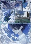  1boy bishounen black_hair blue_eyes blue_flower closed_eyes closed_mouth flower highres looking_at_viewer male_focus mosquito_coil multiple_views original sasame_20 short_hair solo 