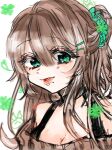  1girl blush breasts brown_hair cleavage green_eyes hair_between_eyes heart highres looking_at_viewer mole mole_under_mouth murata_yuusuke&#039;s_daughter original simple_background smile solo twintails white_background 