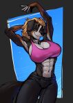  abs anthro athletic athletic_female bernese_mountain_dog big_breasts black_body black_fur blonde_hair bodily_fluids bra breasts brown_body brown_eyes brown_fur canid canine canis cleavage clothed clothing domestic_dog erect_nipples female fur gym_clothing hair inugatami lauren_(wsad) mammal molosser mountain_dog nipples pinup pose short_hair smile solo sports_bra sweat swiss_mountain_dog underwear white_body white_fur 