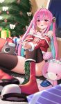  1girl :d absurdres ahoge bangs blue_hair blush boots box choker christmas christmas_tree colored_inner_hair convenient_leg daran9 gift gift_box hair_ornament highres hololive indoors knee_up long_hair looking_at_viewer minato_aqua multicolored_hair neko_(minato_aqua) pink_hair pink_nails red_choker red_shirt shirt short_sleeves sitting smile solo stuffed_animal stuffed_bunny stuffed_toy thighhighs twintails two-tone_hair v very_long_hair virtual_youtuber 