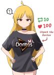  1girl ? bangs black_choker black_shirt blonde_hair bocchi_the_rock! breasts choker collarbone doritos english_commentary english_text feeq hands_on_own_thighs highres ijichi_seika large_breasts like_and_retweet long_hair looking_at_viewer off-shoulder_shirt off_shoulder parted_bangs raised_eyebrow red_eyes shirt short_sleeves simple_background solo speech_bubble spoken_question_mark standing straight-on upper_body white_background 