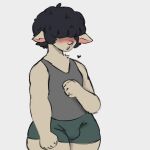  afro anonymous_artist anthro ayyyple black_hair blush bottomwear bovid bulge caprine chubby_anthro chubby_male clothing e621 ears_down fur girly grey_clothing hair jon(ayyyple) male mammal pivoted_ears sheep shirt shorts slightly_chubby solo tank_top topwear 