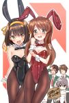  2boys 3girls :d absurdres animal_ears artist_name asahina_mikuru bangs black_bow black_bowtie black_leotard blazer blush bow bowtie breasts brown_eyes brown_hair cleavage closed_eyes closed_mouth collared_shirt commentary_request detached_collar fake_animal_ears green_jacket hairband highres holding holding_sign jacket kita_high_school_uniform koizumi_itsuki kyon leotard medium_hair multiple_boys multiple_girls nagato_yuki necktie official_alternate_costume open_mouth playboy_bunny purple_hair rabbit_ears red_bow red_bowtie red_leotard red_necktie rokochandayo school_uniform shirt short_hair sign smile suzumiya_haruhi suzumiya_haruhi_no_yuuutsu tearing_up tears translation_request twitter_username watermark white_leotard white_shirt wrist_cuffs yellow_hairband 