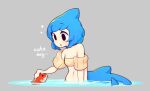  1girl bare_shoulders black_eyes blue_hair cetacean_tail dorsal_fin english_text fang fish fizintine grey_background inflatable_armbands navel no_pupils open_mouth original petting short_hair simple_background skin_fang solo strapless tail tori_(fizintine) tube_top wading water 