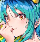  1girl bangs black_cola blue_hair blush brown_eyes close-up closed_mouth green_hair hand_up highres horns long_hair looking_at_viewer lum portrait solo thick_eyebrows tongue tongue_out urusei_yatsura 