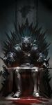  1boy a_song_of_ice_and_fire armor armored_boots arrow_(projectile) banner blood blood_on_face boots closed_mouth death full_armor full_body game_of_thrones gauntlets grey_wind highres iron_throne pauldrons robb_stark shoulder_armor sitting solo sword throne weapon wolf zippo514 