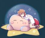  1girl astrayin bangs brown_hair brown_shorts closed_eyes closed_mouth coat haibara_ai kirby kirby_(series) meitantei_conan miyano_shiho pink_sweater shiny shiny_hair shoes short_hair shorts sleeping solo star_(symbol) sweater watermark white_coat 