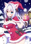  1girl :d aina_rive animal_ear_fluff animal_ears antenna_hair bangs blue_eyes blush box breasts capelet cat_ears cleavage commentary_request dress fur-trimmed_capelet fur-trimmed_dress fur-trimmed_gloves fur-trimmed_headwear fur_trim gift gift_box gloves hair_between_eyes hair_intakes hands_up hat heterochromia holding holding_gift long_hair mauve medium_breasts night night_sky original outdoors red_capelet red_dress red_gloves red_headwear santa_costume santa_hat sky smile snow snowing snowman solo strapless strapless_dress tree very_long_hair white_hair yellow_eyes 