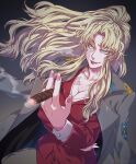 1girl balalaika_(black_lagoon) black_lagoon blonde_hair breasts cigar cleavage green_eyes highres holding holding_cigar ivory_(25680nico) jacket jacket_on_shoulders lipstick long_hair looking_at_viewer makeup mole nail_polish pink_nails ponytail red_jacket red_lips scar scar_on_chest scar_on_face smile solo twitter_username upper_body 