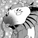  anthro black_and_white brown_horn cherry_blossom comic dragon falling_leaves fin greyscale hair hi_res horn leaf lizard male manga monochrome petals plant prismanoodle_(artist) reptile scales scalie screentone solo suprised_eyes suprised_look surprise western_dragon 