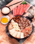  beef bowl chopsticks dated egg_(food) food glass highres hotpot mushroom nabe no_humans ooranokohaku original rice rice_bowl spring_onion steam sukiyaki table tofu water 