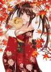  1girl :d asle autumn_leaves bangs black_hair breasts cleavage clock_eyes collarbone commentary_request date_a_live floral_print from_side hand_fan heterochromia holding holding_fan japanese_clothes kimono leaf long_hair long_sleeves maple_leaf medium_breasts obi open_mouth paper_fan print_kimono red_eyes red_kimono sash smile solo standing symbol-shaped_pupils tokisaki_kurumi twintails uchiwa v-shaped_eyebrows white_background wide_sleeves yellow_eyes 