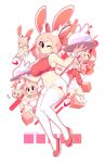  &gt;_&lt; 1girl :d ;) absurdres animal_ear_fluff animal_ears artist_name bare_shoulders bow breasts fiz_(fizintine) fizintine hair_bow hair_bun highres large_breasts looking_at_viewer midriff multiple_views navel no_pupils one_eye_closed open_mouth original pink_hair rabbit_ears rabbit_girl rabbit_tail red_bow red_footwear shoes short_shorts shorts single_side_bun smile tail thighhighs tray wrist_cuffs 
