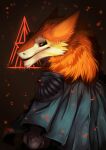  ambiguous_gender anthro blue_clothing blue_topwear cheek_tuft chin_tuft clothed clothing facial_tuft fur half-length_portrait head_tuft hi_res looking_at_viewer mouth_closed narrowed_eyes neck_tuft orange_body orange_eyes orange_fur portrait riorix sergal signature simple_background solo topwear tuft white_body white_fur 