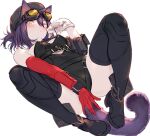  1girl animal_ears arknights asymmetrical_gloves between_legs black_hair black_headwear cat_ears cat_girl cat_tail cutout_above_navel ears_through_headwear gloves goggles goggles_on_head green_eyes hand_between_legs hand_on_own_cheek hand_on_own_face highres knees_up kochiya_(gothope) lying mismatched_gloves on_back red_gloves rockrock_(arknights) short_hair spread_legs tail thighhighs white_background white_gloves 