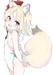  1girl absurdres animal_ear_fluff animal_ears blonde_hair blue_eyes blush casual_one-piece_swimsuit fang fox_ears fox_girl fox_tail from_side gingerbullet groin highleg highleg_swimsuit highres holding_own_tail looking_back one-piece_swimsuit open_mouth original ribbon short_hair simple_background smile solo swimsuit tail thighs white_background white_one-piece_swimsuit 