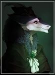  anthro blue_body blue_fur border brown_clothing brown_topwear bust_portrait cheek_tuft chin_tuft clothed clothing ears_back facial_tuft fur glistening glistening_eyes hi_res male mouth_closed neck_tuft pivoted_ears portrait riorix sergal signature simple_background solo topwear tuft white_body white_fur yellow_eyes 