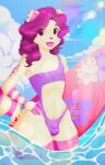  anthro arctic_fox arlorian_sloane beach bikini bulge canid canine clothing cloud fox girly hair hi_res lovelockdownart male mammal midriff navel open_mouth outside pink_eyes purple_hair seaside solo surfboard swimwear water 