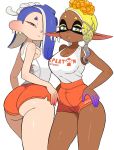  big_butt bottomwear breasts butt cephalopod cleavage clothed clothing duo female hi_res looking_at_viewer looking_back looking_back_at_viewer marine mollusk nintendo octarian octoling pseudo_hair shorts simple_background splatoon tentacle_hair tentacles video_games white_background yuta_agc 