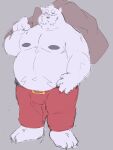  2022 anthro bear belly big_belly bottomwear clothing costume eyes_closed eyewear glasses hi_res male mammal moobs nipples overweight overweight_male pants polar_bear santa_costume simple_background smut_leo solo ursine 