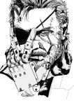  1boy beard eyepatch facial_hair greyscale hair_behind_ear hand_on_own_face highres jacket male_focus mechanical_hands metal_gear_(series) metal_gear_solid_v:_the_phantom_pain monochrome mustache one_eye_covered portrait scar scar_across_eye scar_on_face scar_on_mouth scarf solo venom_snake white_background yuzuki_168 