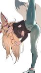  1girl animal_ear_fluff animal_ears black_shirt blonde_hair blue_leggings brown_eyes flexible fox_ears fox_girl fox_tail highres hololive leaning_to_the_side leg_lift leg_up leggings legs long_hair omaru_polka shirt shoes solo split standing standing_on_one_leg standing_split tail thighs virtual_youtuber white_footwear yuuppi 