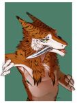  2016 3:4 anthro blep border brown_body brown_fur brown_sclera cheek_tuft chin_tuft dated ears_back facial_tuft forked_tongue fur glistening glistening_eyes green_background green_eyes half-length_portrait hi_res knife knife_in_mouth male neck_tuft nude object_in_mouth pivoted_ears portrait pupils red_tongue riorix sergal signature simple_background slit_pupils solo striped_ears tongue tongue_out tuft white_body white_border white_fur 