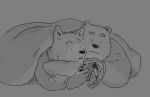  2022 anthro bear bedding biped blanket canid canine cellphone duo embrace hug humanoid_hands kemono lying mammal phone pillow pommn_mn simple_background smartphone 