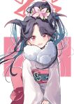  1girl black_hair blue_archive flower fur_collar fuuka_(blue_archive) fuuka_(new_year)_(blue_archive) hair_bun hair_flower hair_ornament halo horns japanese_clothes kimono long_hair long_sleeves looking_at_viewer nyou_0 obi open_mouth pink_background pink_eyes sash single_hair_bun smile solo two-tone_background upper_body white_background white_kimono wide_sleeves 