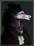  anthro blood blue_body blue_fur bodily_fluids border brown_clothing brown_topwear bust_portrait cheek_tuft chin_tuft clothed clothing ears_back facial_tuft fur glistening glistening_eyes hi_res male mouth_closed neck_tuft nosebleed pivoted_ears portrait riorix sergal signature simple_background solo topwear tuft white_body white_fur yellow_eyes 