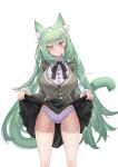  1girl absurdres animal_ear_fluff animal_ears arknights bangs black_ribbon black_skirt blush cardigan cat_ears cha_kurikara clothes_lift commentary_request feet_out_of_frame green_eyes green_hair grey_cardigan groin harmonie_(arknights) highres lifted_by_self long_hair long_sleeves looking_at_viewer miniskirt neck_ribbon panties ribbon shirt simple_background skirt skirt_lift smile solo standing thighs underwear very_long_hair white_background white_panties white_shirt 
