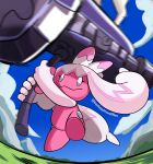  1girl absurdres artist_name blue_sky cloud cloudy_sky colored_skin hammer harlequinwaffles highres holding holding_hammer holding_weapon monster_girl no_humans pink_hair pink_skin pokemon pokemon_(creature) pokemon_(game) pokemon_sv sky tinkaton twintails twitter_username weapon 