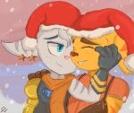  blue_eyes christmas christmas_clothing christmas_headwear clothing duo ear_piercing female fur gloves handwear hat headgear headwear hi_res holidays lombax male male/female mammal nuzzling piercing ratchet ratchet_and_clank revov_drawings rivet_(ratchet_and_clank) robotic_arm romantic romantic_ambiance romantic_couple santa_hat scarf snow sony_corporation sony_interactive_entertainment star sunset video_games white_body white_fur yellow_body yellow_fur 