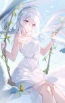  1girl bangs blue_sky blurry blurry_foreground blush clear_sky closed_mouth collarbone day dress feet_out_of_frame highres holding leaf light_blush long_hair looking_away miwano_rag off_shoulder original outdoors purple_eyes sidelocks sitting sky solo sunlight swing white_dress white_hair 