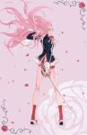  1girl aiguillette bangs bike_shorts blue_eyes epaulettes floating_hair flower full_body highres holding holding_weapon long_hair looking_to_the_side petals pink_hair profile red_socks rocky_(chendongjian) rose school_uniform shoujo_kakumei_utena socks solo standing sword sword_of_dios tenjou_utena very_long_hair weapon 