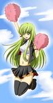  bad_id bad_pixiv_id black_legwear c.c. ccllsaikou cheerleader code_geass crop_top green_hair highres jumping long_hair midriff navel one_eye_closed open_mouth pom_poms skirt smile solo thighhighs yellow_eyes 