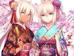  2019 2girls arrow bangs blue_kimono blush brown_eyes brown_kimono closed_fan closed_mouth commentary_request dark_skin eyebrows_visible_through_hair fan fate/grand_order fate_(series) floral_print flower folding_fan gogatsu_fukuin hair_between_eyes hair_flower hair_ornament hamaya hand_up head_tilt highres holding holding_arrow holding_fan japanese_clothes kimono koha-ace light_brown_hair long_hair long_sleeves looking_at_viewer multiple_girls obi okita_souji_(alter)_(fate) okita_souji_(fate) okita_souji_(fate)_(all) orange_flower pink_flower print_kimono purple_flower sash short_hair smile translation_request tree_branch upper_body very_long_hair white_background wide_sleeves 