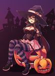  blush breasts brown_hair cape cleavage corset glasses green_eyes hair_ornament halloween hat highres pumpkin sitting skirt smile striped striped_legwear striped_thighhighs thighhighs witch 