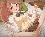  1boy 1girl :d bangs bed black_bow blush bow brown_eyes brown_hair brown_skirt censored cheering clothed_sex collared_shirt dress_shirt full-face_blush hair_ornament hair_scrunchie hands_on_another&#039;s_knees idolmaster idolmaster_cinderella_girls long_hair long_sleeves looking_down lying miniskirt missionary mosaic_censoring on_back on_bed open_mouth panties panties_aside penis pillow pleated_skirt ponytail school_uniform scrunchie sex shirt skirt skirt_lift smile solo_focus spread_legs sweat sweater_vest tomu_(tomubobu) underwear vaginal vest wakabayashi_tomoka white_shirt yellow_panties yellow_vest 