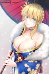  1girl ahoge artoria_pendragon_(all) artoria_pendragon_(lancer) bangs bare_shoulders blonde_hair blue_kimono blush braid breasts choker cleavage crown eyebrows_visible_through_hair fate/grand_order fate_(series) french_braid fur fur_trim green_eyes hair_between_eyes holding holding_umbrella japanese_clothes kimono large_breasts long_hair looking_at_viewer off_shoulder oriental_umbrella patreon_username rei_kun sidelocks smile solo swept_bangs umbrella 