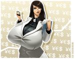  1girl apple artist_request blazer breasts brown_hair business_suit cellphone clipboard david_goujard dollar_sign euro_sign female food formal fruit gigantic_breasts glasses huge_breasts iphone lipstick long_hair makeup office_lady original phone smartphone solo source_request suit uniform yen_sign 