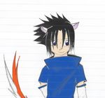  1boy :3 animal_ears artist_request black_hair blue_eyes blue_shirt cat_ears cat_tail lined_paper male male_focus naruto shirt solo t-shirt tail uchiha_sasuke 