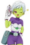  1girl armor artist_request boots breasts chirai dragon_ball dragon_ball_super female gloves green_skin gun happy looking_at_viewer purple_eyes short_hair smile solo thighs weapon white_hair wink 