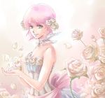  3ta2 bare_shoulders choker dress female final_fantasy final_fantasy_v flower flower_petals gradient gradient_background green_eyes hair_ornament lenna_charlotte_tycoon petals pink_hair short_hair solo 