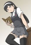  arm_support bioroid_hei black_hair black_legwear black_thighhighs blue_eyes book bracelet desk female gradient gradient_background hairband jewelry kumashiro_maya long_hair occult_academy school_uniform seikimatsu_occult_gakuin skirt solo thighhighs zettai_ryouiki 