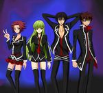  2boys 2girls black_eyes black_hair blue_eyes brown_hair c.c. cc ccllsaikou coat code_geass female green_hair jacket kallen_stadtfeld kururugi_suzaku lelouch_lamperouge long_hair male miniskirt multiple_boys multiple_girls necktie pants purple_eyes red_hair short_hair shorts skirt v yellow_eyes 