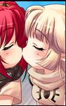  2girls blonde_hair blush chibi emily_(artist) emily_(pure_dream) hairband kiss lowres luna_online multiple_girls red_hair yuri 