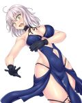  1girl ahoge alternate_costume artoria_pendragon_(all) artoria_pendragon_(swimsuit_rider_alter) artoria_pendragon_(swimsuit_rider_alter)_(cosplay) bangs black_gloves blue_dress breasts center_opening choker cleavage commentary_request cosplay dress dutch_angle eyebrows_visible_through_hair fate/apocrypha fate/grand_order fate_(series) gloves halter_dress hiballista highleg highleg_panties highres jeanne_d&#039;arc_(alter)_(fate) jeanne_d&#039;arc_(fate)_(all) lace lace_choker large_breasts leg_garter navel navel_cutout open_mouth panties short_hair silver_hair skindentation solo tsurime underwear white_background yellow_eyes 