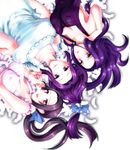  3girls akechi_mitsuhide akechi_mitsuhide_(sengoku_musou) apron big_breasts blue_ribbon breasts cleavage dress female genderswap large_breasts lipstick long_hair lying makeup mothika multiple_girls nipples open_mouth ponytail purple_eyes purple_hair ribbon sengoku_musou sideboob 