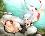  animal_ears bandage bandages bell bells black_hair cat_ears cat_tail cat_teaser cattail flower iris iris_(flower) japanese_clothes kimono koi mermaid michao monster_girl neko nekomimi open_mouth plant pointed_ears pointy_ears pond red_eyes rose sleeping tail water white_hair 